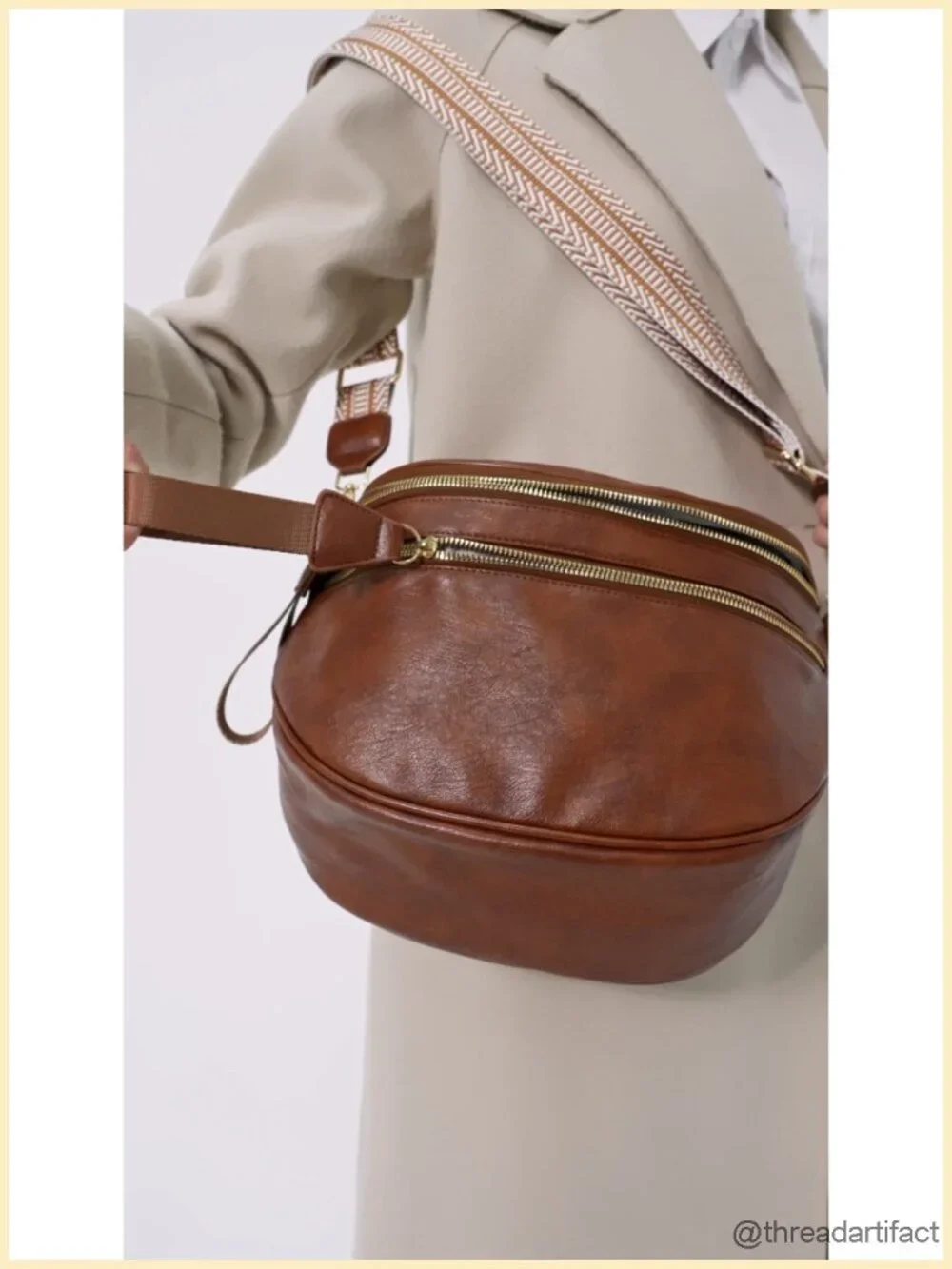 PU Leather Crossbody Fanny Pack Double Zip Multi Compartment with 2 Adjustable